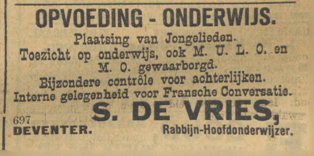 Plaatsing van jongelieden bij Simon de Vries in NIW 28-6-1912
