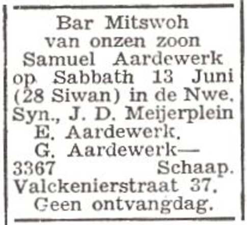 Aankondiging van de bar mitswa van Samuel Aardewerk
