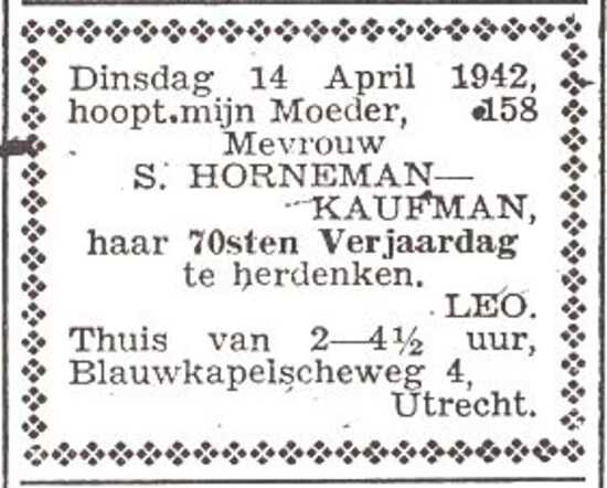 Aankondiging van de viering van de 70ste verjaardag van Saartje Horneman-Kaufman