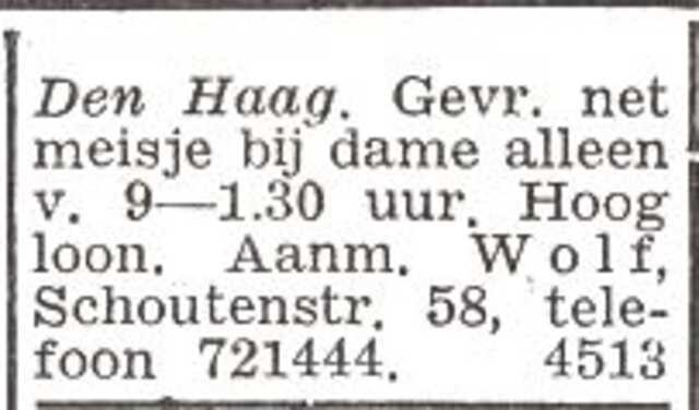 Advertentie van Sara Josephine Wolf-van Dam