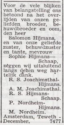 Dankbetuiging van de familie Hijmans
