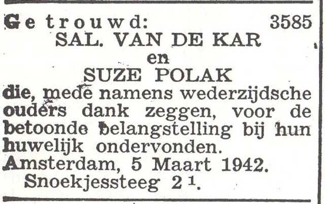 Vermelding van het huwelijk van Suzanna Polak en Salomon van de Kar