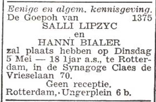 Aankondiging van de huwelijksinzegening van Salli Lipszyc en Hanni Bialer