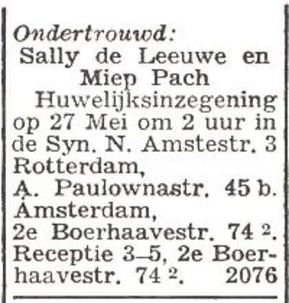 Aankondiging van de huwelijksinzegening van Salomon (Sally) de Leeuwe en Mina (Miep) Pach