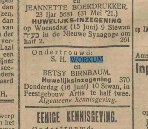 Salomon H. Workum_Birnbaum ondertrouw 6 juni 1921