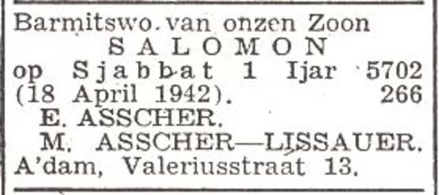 Aankondiging van de bar mitswa van Salomon Asscher
