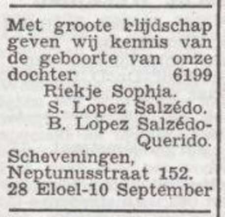 Bekendmaking van de geboorte van Rebecca Sophia Lopez Salzedo