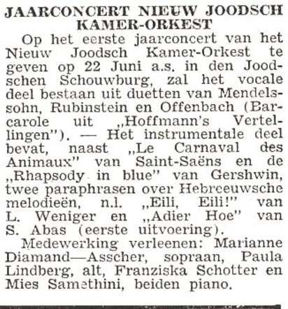 Aankondiging van een optreden van Marie Samethini bij het Nieuw Joods Kamerorkest