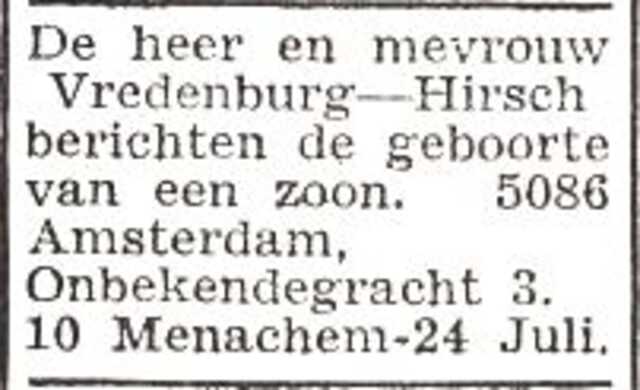 Bekendmaking van de geboorte van Samuel Juda Vredenburg