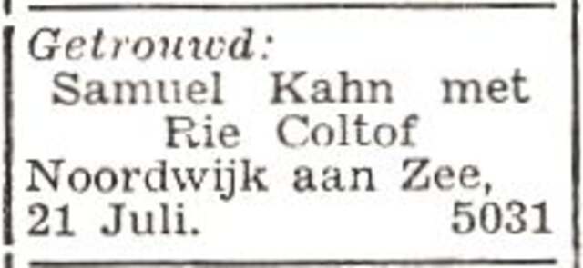 Bekendmaking van het huwelijk van Samuel Abraham Kahn en Friederika Coltof