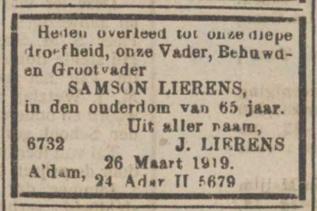 Advertentie ter gelegenheid van het overlijden van Samson Lehman Lierens, 28-03-1919,NIW