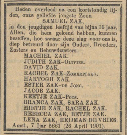 Overlijdensadvertentie Samuel Zak.