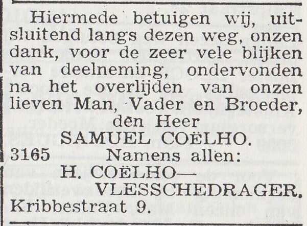 Dankbetuiging van de familie Coëlho