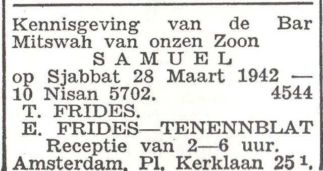 Aankondiging van de bar mitswa van Samuel Frides