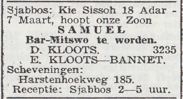 Aankondiging van de bar mitswa van Samuel Kloots