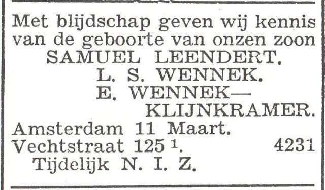 Vermelding van de geboorte van Samuel Leendert Wennek