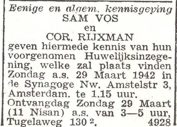 Aankondiging van de huwelijksinzegening van Sam Vos en Cornelia Ryxman