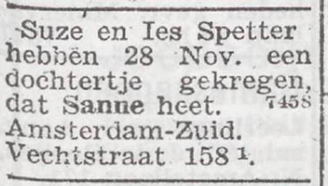 Bekendmaking van de geboorte van Sanne Spetter