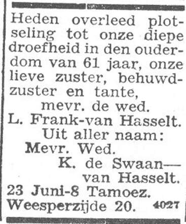Overlijdensadvertentie Sara Frank-van Hasselt