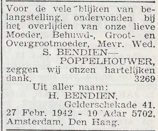 Dankbetuiging van de familie Bendien