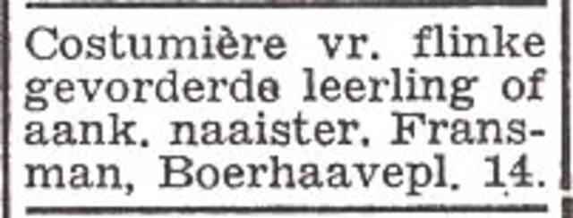 Advertentie van kostuumnaaister Sara Fransman