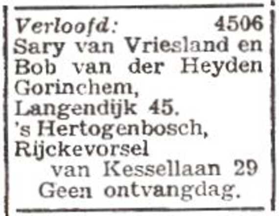 Vermelding van de verloving van Saartje van Vriesland en Bob van der Heijden