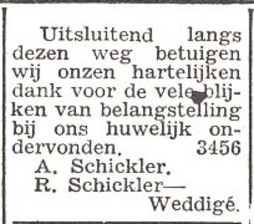 Dankbetuiging van Rosette Schickler-Weddige en Artur Schickler