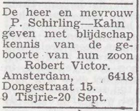 Bekendmaking van de geboorte van Robert Victor Schirling