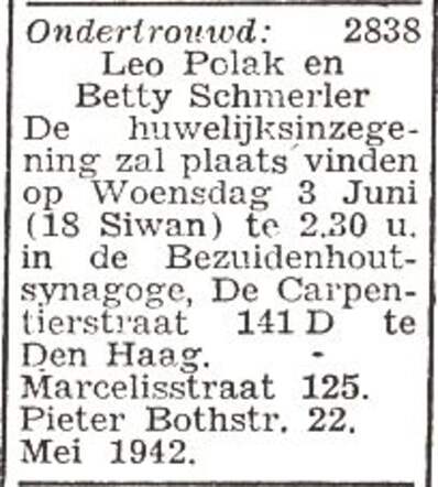 Aankondiging van de huwelijksinzegening van Betty Schmerler en Leonardus Polak
