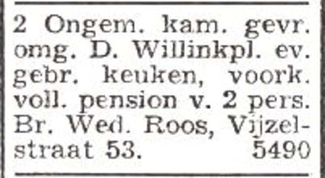 Advertentie te huur gevraagd van wed. Schoontje Roos-Blitz