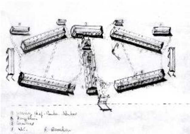 Werners tekening van werkkamp 't Schut in Ede, waar hij samen met zijn vader Adolf augustus-oktober 1942 gedwongen verbleef.