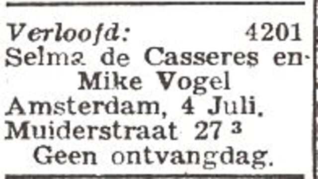 Vermelding van de verloving van Selma de Casseres en Mike Vogel