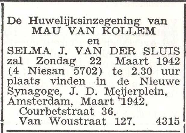 Huwelijksaankondiging van Maurits van Kollem en Selma van der Sluis