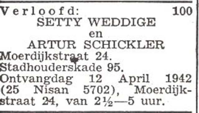 Vermelding van de verloving van Rosette (Setty) Weddige en Artur Schickler