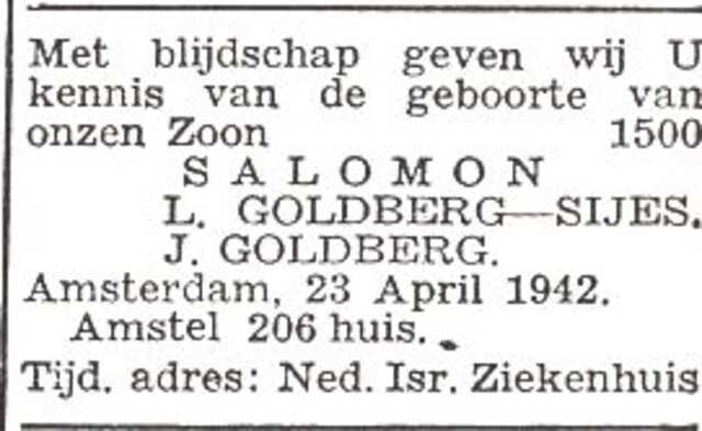 Vermelding van de geboorte van Salomon Goldberg