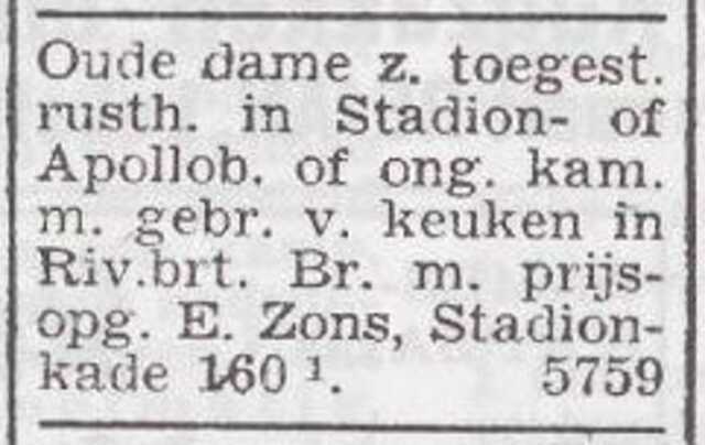 Advertentie te huur gevraagd van het gezin Siegmund Eugen Zons