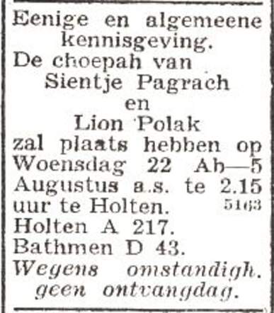 Bekendmaking van de huwelijksinzegening van Lion Polak en Sientje Pachrach