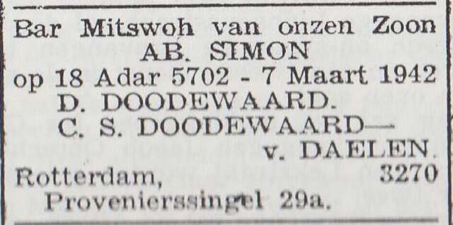 Aankondiging van de bar mitswa van Abraham Simon Doodewaard