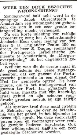 Voorzanger Simon Duque in de synagoge Jacob Obrechtplein