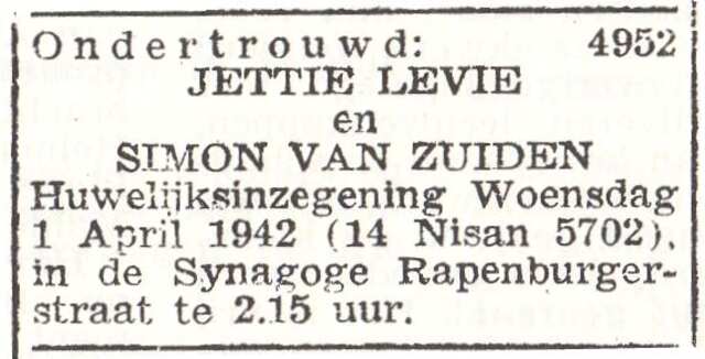 Vermelding van ondertrouw van Simon van Zuiden en Judith Levie