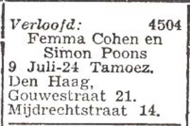 Vermelding van de verloving van Simon Poons en Femma Cohen
