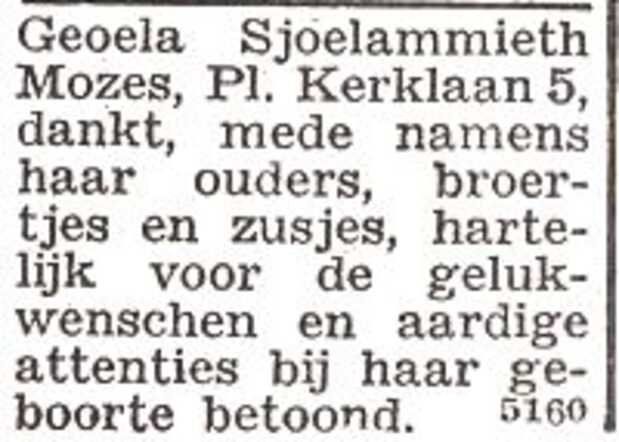 Dankbetuiging van de familie van Geoela Sjoelammieth Mozes