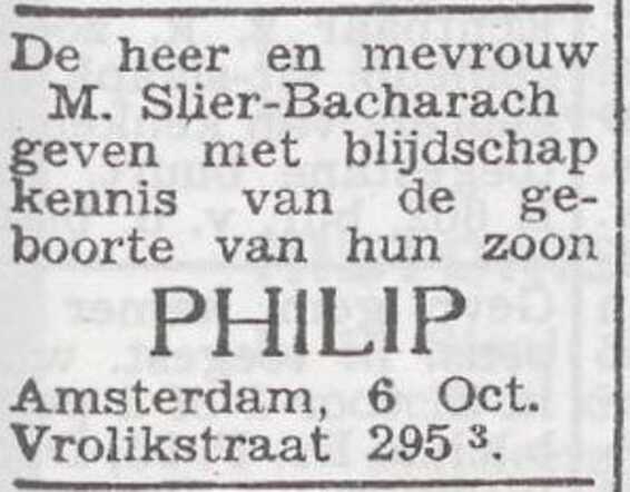 Bekendmaking van de geboorte van Philip Slier