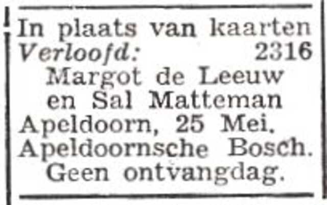 Vermelding van de verloving van Margot Juliane de Leeuw en Salomon Barend Matteman