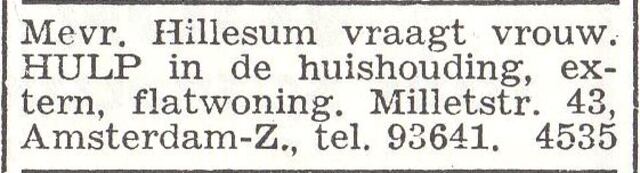 Advertentie van mw. Sofie Hillesum-Kottek