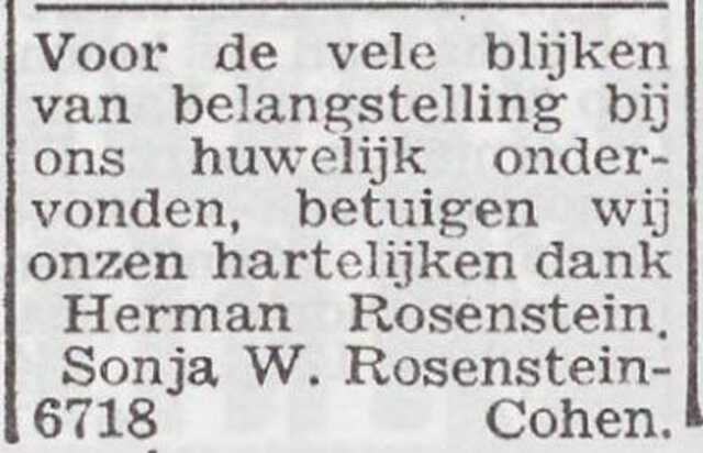 Dankbetuiging van het echtpaar Hermann en Sonja Rosenstein-Cohen
