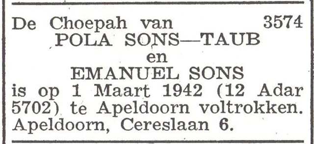 Vermelding van het huwelijk van Emanuel Sons en Perla Ruchle Taub