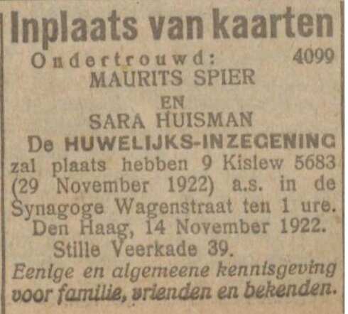 Huwelijksaankondiging van Maurits Spier en Sara Huisman