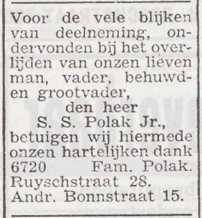 Dankbetuiging van de familie Polak
