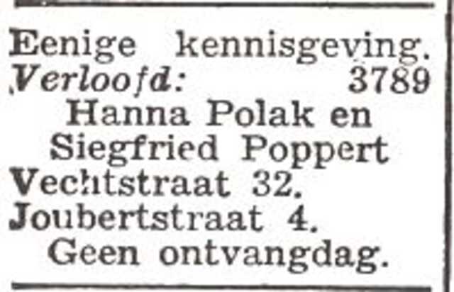 Vermelding van de verloving van Siegfried Jacob Daniel Poppert en Hanna Polak